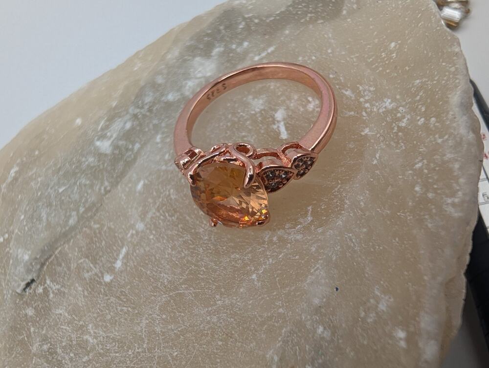 Elegant Rose Gold Plated S925 Sterling Silver Ring w/ Oval Champagne Stone
